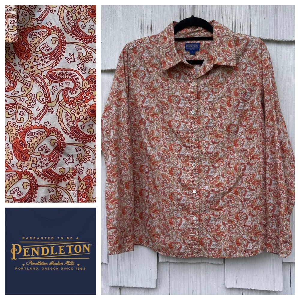 Pendleton Womens XL Orange Paisley Cotton Button Down Long Sleeve Shirt Pocket - Picture 1 of 8